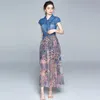 Fashion Women Summer Elegant Denim Dress High Quality Vintage Chiffon Print Designer Runway Dresses Vestidos 210520