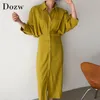 Einfarbig Frauen Mode Batwing Hülse Hemd Kleid Mit Gürtel Büro Drehen Unten Kragen Lange Chic Damen es 210515
