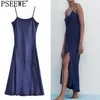 Сатиновые длинные платья Женщины Camisole Blue MIDI Женщина Летний Ремешок Открытая вечеринка ES Slit Pink Sexy ES 210519