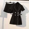 Zweiteiliger Anzug Plus Size Lady Sommer Schlank Junger Stil Schwarz Kerbkragen Hemden Schnürung Enge Taille Shorts Weibliche Mode Set Y0702