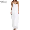 Zanzea 2021 Summer Women Sexy V Neck Sleeveless Beach Dresses Ladies Casual Loose Long Maxi Solid White Dress Vestidos Y1006