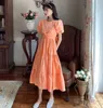 Summer Koreański Eleganckie Casual Kobiety Rękaw Puff O-Neck Sukienka Lace-Up Sukienka Vestidos 210531
