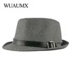 Wuaumx automne hiver rétro Jazz chapeaux hommes d'âge moyen feutre Fedoras casquette pour homme solide Trilby Panama chapeau noir melon large bord 235G