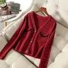 Hoge Kwaliteit Lente Mode Baan Twee Stuk Outfit Dames Gebreide Sweater En Rok Pak Office Lady Red Party Twinset 210601
