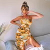 Cnyishe Bez rękawów Spaghetti Pasek Moda Floral Print Mini Dresses Sexy Backless Split Dress Summer Beachwear szaty 210419