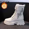 Women Snow Boots Beige Plush Warm Fur Causal Shoes Sneakers Ankle Booties Platform Thick Sole Lace Up Winter 211105