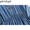 Vintage Blue Denim Robe Femmes V Cou À Manches Longues Floral Broderie Casual Été Plus Taille Midi Robe 210514