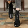 Real Leather High Heel Short Boots Women Shoes Square Toe Lace Up Block Heels Stretch Ankle Female Autumn Winter 210517 GAI