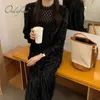 Jesień eleganckie kobiety Maxi Mermaid Rękaw White Lace Szydełkowy Vintage Długie Czarna Aksamitna Dress Dress 210415