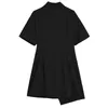 [EAM]女性黒不規則なポケットブレザードレスノッチ首半袖ルースフィットファッションスプリングサマー1DD8495 21512