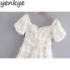 Sexy Shoulder Off Floral Embroidery Dress Women Short Sleeve Layered Cake Casual Summer Mini Romantic Party es 210514