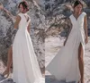 Simple Wedding Dress with High Slit Sexy Cap Sleeve Double V Neck Sweep Train Zip Back Robe Mariee Bridal Gowns