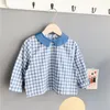 Style coréen bébé filles mignon col de poupée blouses à carreaux enfants coton all-match casual Tops vêtements 210508
