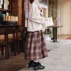 일본식 탄성 높은 허리 긴 스커트 여자 가을 격자 무늬 A 라인 주름 치마 여성 겨울 양모 따뜻한 streetwear 210619