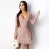 Outono sem encosto branco vestido de renda mulheres inverno ver através de tulle manga comprida uma linha vestido de natal noite vestidos 210415