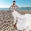 Fabulous Sheath Sequined Wedding Dresses High Neck Bridal Gowns Beaded Tea Length With Detachable Train Plus Size Beach Vestido De Novia 415