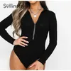 Sollinarry 가을 지퍼 스키니 인과 여성 Bodysuits 화이트 블랙 꽉 솔리드 긴 소매 탑스 코튼 짧은 여성 bodysuits 210709