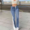 Delik Yırtık Streetwear Jeans kadın Bahar Yüksek Bel Seksi Moda Trend Slim Fit Denim Flare Pantolon 5B417 210427