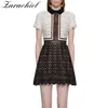 Black White Patchwork Women's Short Sleeve Flower Water Soluble Lace Hollow Out Mini Dress 210416