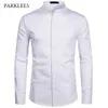 Chemise pour hommes décontracté Slim Fit col montant avec poche à manches longues robe de couleur unie s mariage social 210809