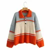 H.Sa Kobiety Zworki Zwolnij Kołnierz Knitwear Swetry Casual Paski Patchwork Pull Femme Hiver Orange Polo Sweter 210417