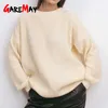 Suéter de punto para mujer Otoño Invierno elegante jersey de gran tamaño cuello redondo Casual Beige tejido Vintage marrón largo 211018