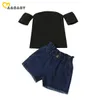 1-6Y Летняя мода малыш малышей для девочек одежда для девочек черный с плечо футболка джинсовые шорты наряды 210515