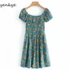 Wakacje Summer Sukienka Kobiety Sexy Square Neck Krótki Rękaw Elastyczny Talia A-Line Casual Vintage Zielony Drukuj Robe 210514