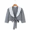 Spring Women Ruffle V Neck Lace Up Plaid Short Shirt Female Three Quarter Sleeve Blouse Casual Lady Crop Tops Blusas S8608 210430