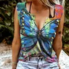 Women Casual Vest Tops Summer Butterfly Flora Print V Neck T-Shirt Sexy Loose SleevelBlouse Shirt Female Tank Top Clothing X0507