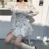 Peri Kadın Çiçek Baskı Elbiseleri Uzun Kollu Tatlı Japonya Tarzı Kawaii Elegant Kore Mini Günlük Elbise