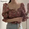 Koreanische Chic Vintage Floral Print Shirt Frau Slim-Fit Puff Sleeve Top Weibliche Quadrat Kragen Chiffon Bluse Frauen Kleidung 14380 210518