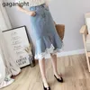 Fashion Lace Patchwork Jeans Women Skirt High Waist Plus Size Faldas A Line Lady Elegant Mini Short Skirts Ruffle 210601