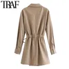 TRAF Femmes Chic Mode Faux Cuir Wrap Mini Robe Vintage Manches Longues Cordon Cravate Taille Robes Féminines Mujer 210415