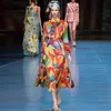 패션 디자이너 세트 여름 여성 턴 다운 칼라 긴 소매 휴가 블라우스 탑스 + 스커트 컬러 인쇄 2 피스 세트 210524