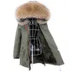 Mmaomaokong Fashion Real Winter Jacket Natural Fur Coat Real Raccoon Fur Collar Loose Long Green Parker Jacket Fur Removabl 210927