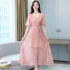 Korean style summer The sweet Floral Chiffon Dress Long skirt V Neck Women's fashion 210507