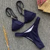 Sexy Navy Blue Bikini Thong Купальник Женщины Push Up Купальники Без спинки Летняя Пляжная одежда Привязанный Высокий Режущий Купальник 210722