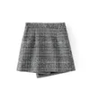 Qooth Frühlingsröcke für Damen, lässiger Gitterrock mit hoher Taille, karierter Rock, asymmetrischer Wollrock, graue Damenbekleidung QH1718 210518