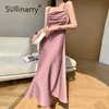 Sollinarry High Street Slip Robe longue d'été pour femmes Robe élégante à lacets roses Robes dames A-ligne une épaule plissée Robes 210709