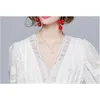 Vintage Elegancka Koronkowa Patchwork Kobieta Z Długim Rękawem Sukienka Wiosna Casual White Dresses Odzież damska Vestidos 210520