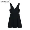 Женщины шикарные моды, пустые из черного мини-платья назад на молнии Широкие ремни женские платья Vestidos Mujer 210420