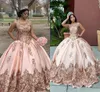 Rose Pink Quinceanera Dresses Sequined Appliqued Sheer O-Neck Sweet 16 Dress Sweep Train Satin Corset Lace-Up Masquerade Gowns