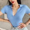 Vintage green white polo shirt women shorts short sleeve cropped s mujer streetwear v neck knitted 210521