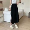 Vintage katoen hoge taille split side zwarte rok vrouwen sexy lange solide zomer rok geplooid meisjes hoge taille recht 210619