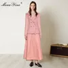 Fashion Designer Suit Autunno Inverno Donna Manica lunga Cappotto di lana Nappa Top + Gonna in rete Set di due pezzi 210524