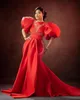 2021アラビアのジュエルのイブニングドレス赤いプロムのガウンのフリル人魚のドレスフォーマルロングパーティーガウン