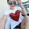 MyDbsh 2021 Sommar Kawaii Sequined T Shirt Kvinnor Casual Cotton T-shirt Lady Sequin Red Heart Tops Slim Harajuku Tee Shirt Femme x0628