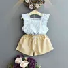 Daisy Print Girl Set Children's Mouwloze Top + Pure Kleur Elastische Shorts Zoete kleding Tweedelig 210515