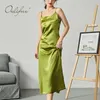 Summer Vintage Women Satin Party Sexy Spaghetti Solid Strap Silk Long Slip Dress 210415